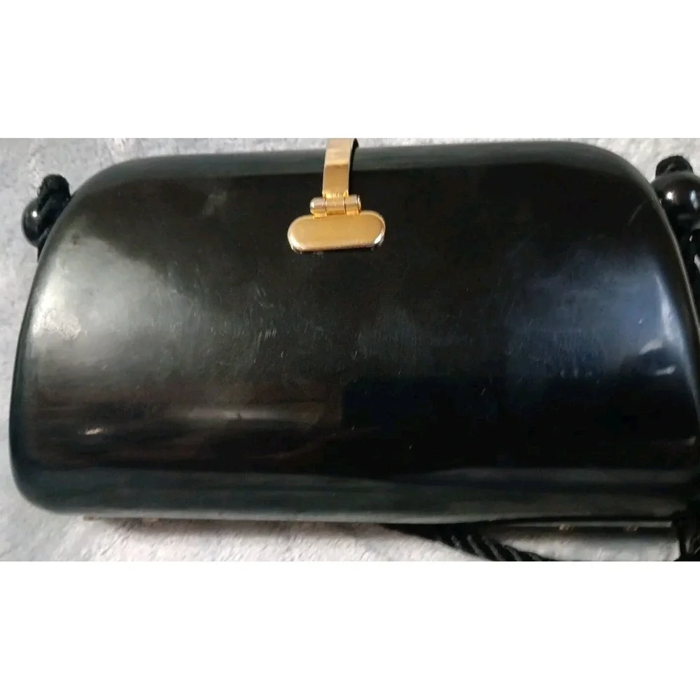 Vintage Hong Kong Made Plastic‎ Purse Black Tasseled Strap Gold Tone Latch READ